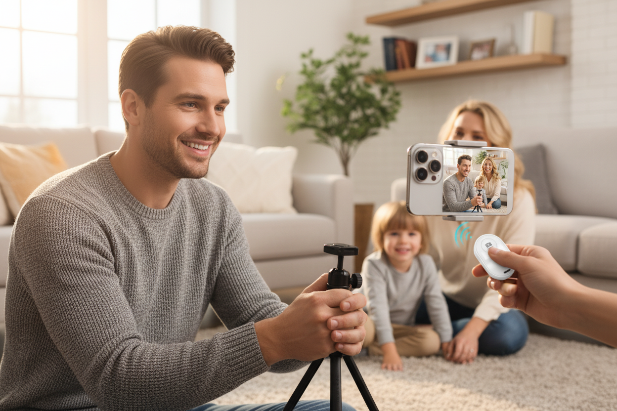 Famille utilisant le Wireless Selfie Monitor à la maison